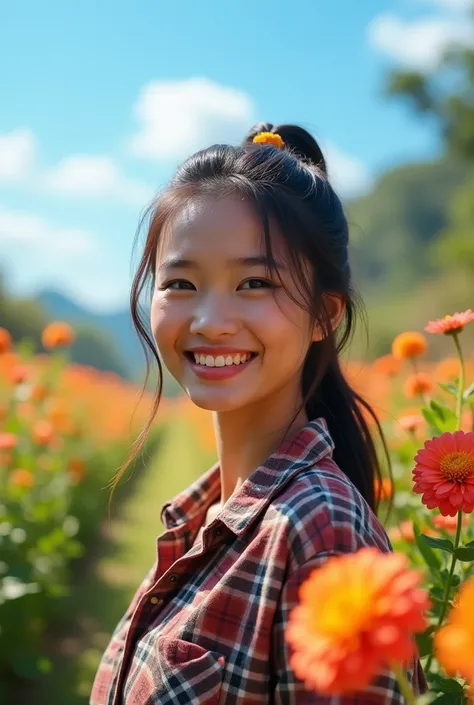 A 30 year old Indonesian womans face is beautiful sweet dazzling hair tie ponytail plaid shirt shirt in flower garden bright blue wide sky background 