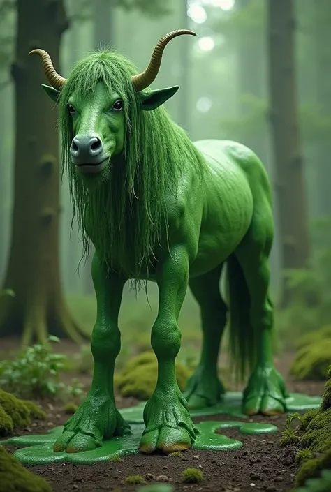 a centaur with four legs completely covered in green slime in a mystical forest. Cloven hooves. Shocked look.