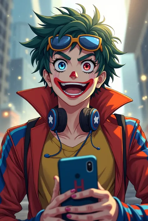  Anime-style image of a male teenager disguised as a superhero wearing clown makeup and colors and with a cell phone, headphones and sunglasses 