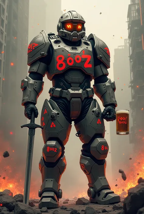 A soldier in armor with a beer in his hand and a sword in other hand, featuring geometric shapes like triangles and polygons. The soldier is in action, with glowing accents and a dynamic pose. The background is a war-torn, apocalyptic landscape with geomet...