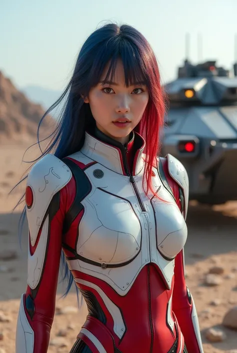 Imagine an 18-year-old Chinese girl who is an amazing member of the space Marine Corps. She has long, colorful hair, dark blue and red, and a neat fringe hanging down her forehead. She wore a white and red body armor and was armed with a holstered assault ...