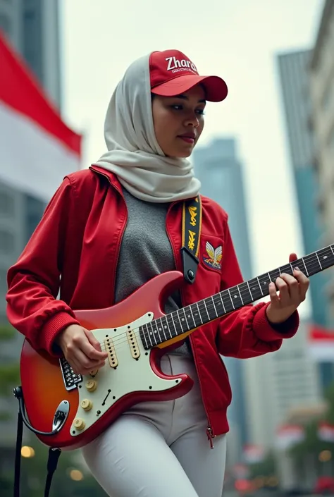 a hijab girl playing the eletric guitar, cap says ZHARA, indonesia flag, jakarta background, red jacket, white hijab, white pants,full body, on his jacket there is a Garuda Pancasila logo
