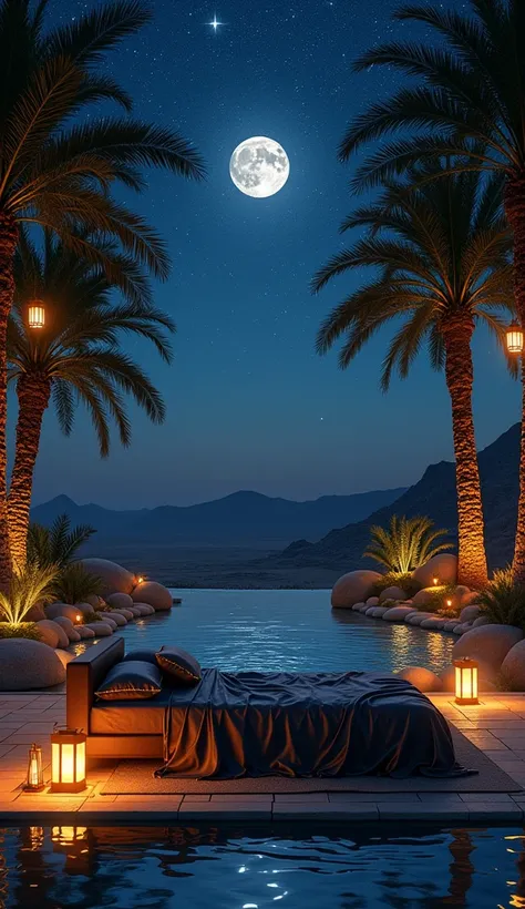  A luxurious bed in the middle of an oasis serene desert under a starry sky.  The bed is covered in dark ,  silk sheets with shimmering gold details , reflecting the moonlight .  Palm trees surround the bed ,  its leaves whispering softly in the cool eveni...