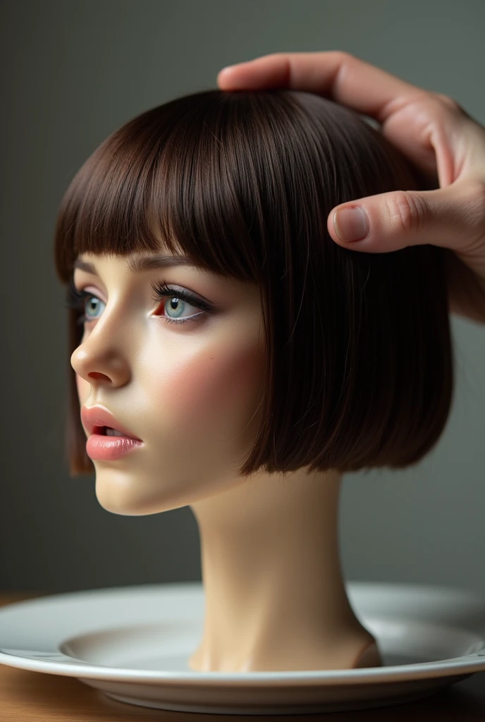 A decapitated female head in a plate, in profile. She has beautiful, straight, thick, smooth, silky, brunette, pixie hair, with bangs. A hand caresses her hair. The woman looks straight, her face showing fear. Her eyes and mouth are open.