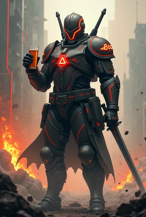 A soldier in armor with a beer in his hand and a sword in other hand, featuring geometric shapes like triangles and polygons. The soldier is in action, with glowing accents and a dynamic pose. The background is a war-torn, apocalyptic landscape with geomet...