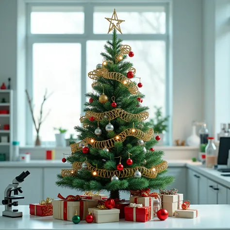 "A Christmas tree decorated with DNA helices as garlands and ornaments shaped like molecules, surrounded by laboratory equipment such as microscopes, test tubes, and flasks. The setting is a clean, white or light-colored laboratory, with red, green, and go...