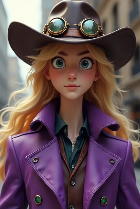  The character is a man has long, light blond hair that flows from under a wide-brimmed hat with metallic details,  the face is playful but well defined , 
 the outfit is a vibrant purple trench coat adorned with small green buttons ,  with large eyes full...