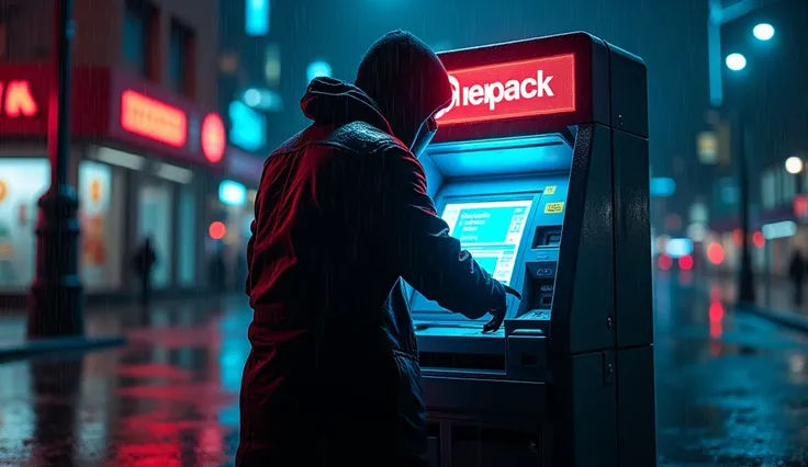 a hacker stealing a very colorful ATM at night with rain