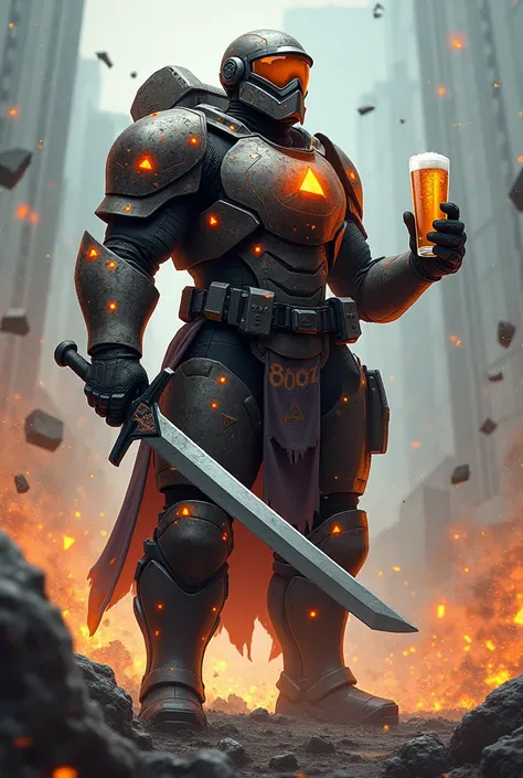 A soldier in armor with a beer in his hand and a sword in other hand, featuring geometric shapes like triangles and polygons. The soldier is in action, with glowing accents and a dynamic pose. The background is a war-torn, apocalyptic landscape with geomet...