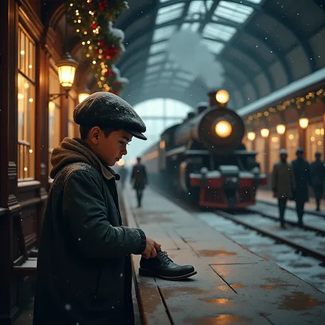 shoeshine boy in a old 40s train station on Christmas night. Needs to have a train in the station.