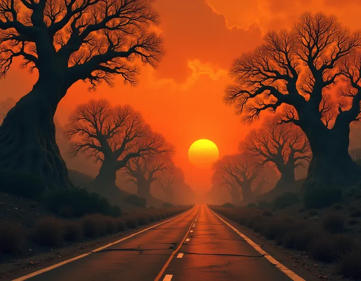  generates a background that has a highway like Texas, But with the theme of Stranger Things ,  without characters only the setting of the place ,  let it be an orange day with darkness 