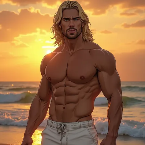 Of course. Here is a description of the image:

 The image shows a drawing or a digital representation of a muscular man with long hair standing on a beach at sunset.  The man has a very defined physique ,  with clearly visible abdominal and chest muscles ...