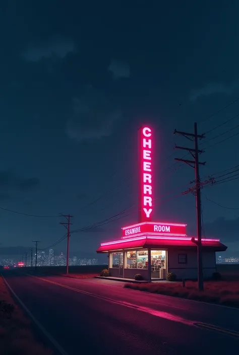  Create a convenience store located on a road at night ,  with a large neon sign showing the name Cherry Room. The sign must be advertising and tall . The store is located on a road in the middle of nowhere ,  and in the background you can see the skyline ...