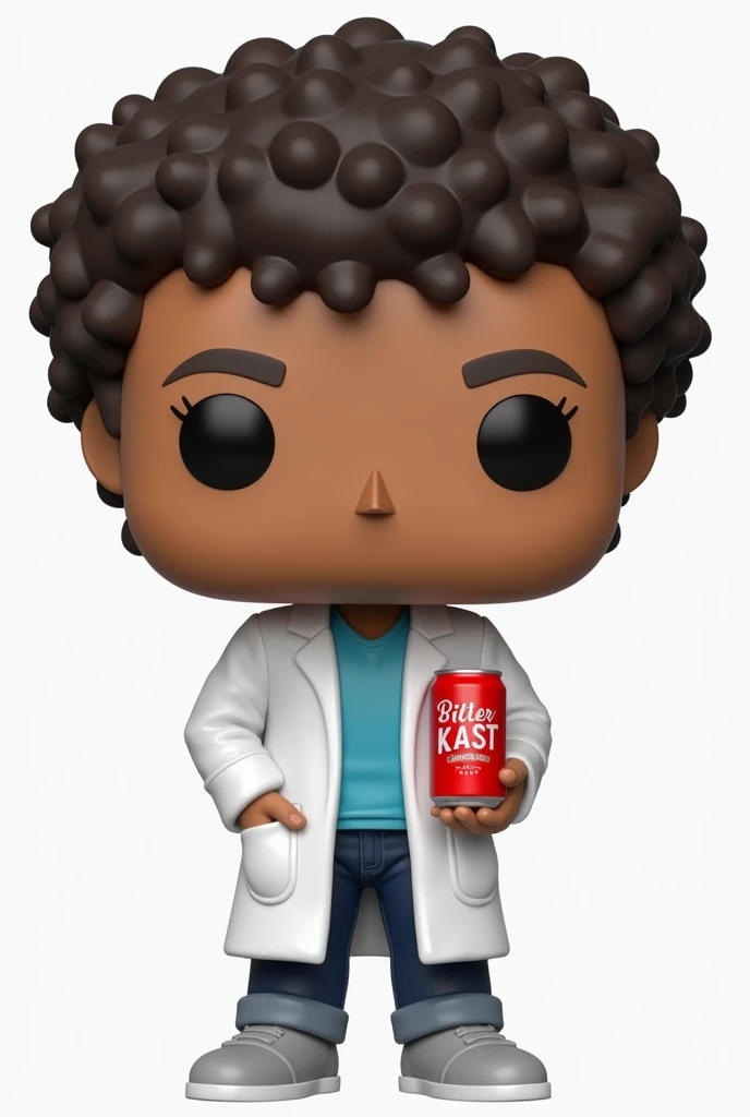  A funko pop by a young biochemist,Of skin a little brunette shooting at white, with very curly hair and black  ,  brown eyes , And he carries in his hand a soft drink in a red can that says Bitter Kast, He is a little fart and has one hand stuck in his po...