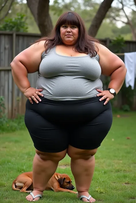 highly realistic photo, very obese Argentinian woman with her very flabby body of 40 years old 1 .49 meters tall 499 kilos in weight , Long brown hair with bangs, dark tanned skin without makeup,brutally obese and sagging breasts ,  A very flabby and obese...