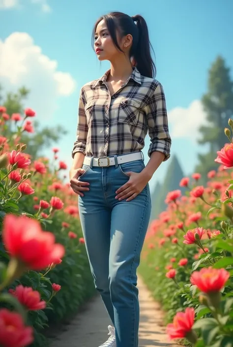 A woman 30 years old full body Indonesian face beautiful sweet dazzling hair tie ponytail shirt plaid shirt tucked into long jeans white belt elegant white Nike shoes black blue in flower garden detail bright blue sky background 