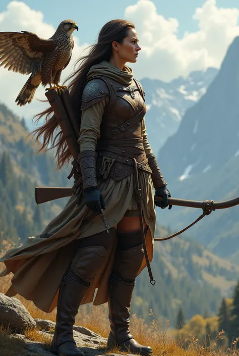 Huntress mounted with a falcon on her arm ready to take flight in search of her prey.