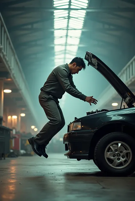 An Asian mechanic in the center of the image, taken from a distance, his feet elevated from the ground in a warehouse, Motion Blur，natural light，focus on him floated while repairing a car