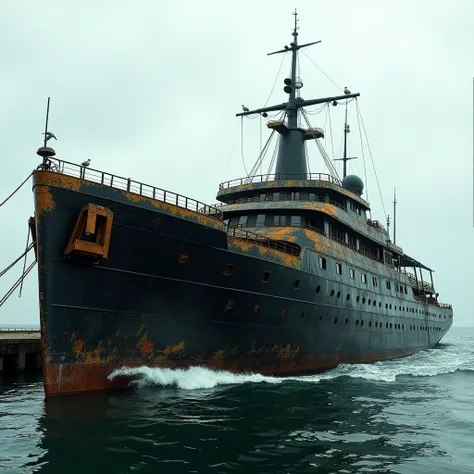 Old and dirty black yacht. 