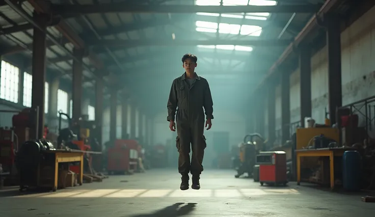 An Asian mechanic in the center of the image, taken from a distance, his feet elevated from the ground in a warehouse, Motion Blur，natural light，focus on him floated and look inspired