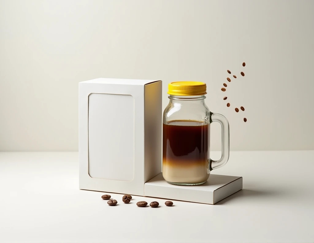  a white cardboard box with a plastic window inside has a coffee bottle in a Mason jar with a yellow lid, Modern Design, premium with scrawled touches of coffee beans ,  studio photo