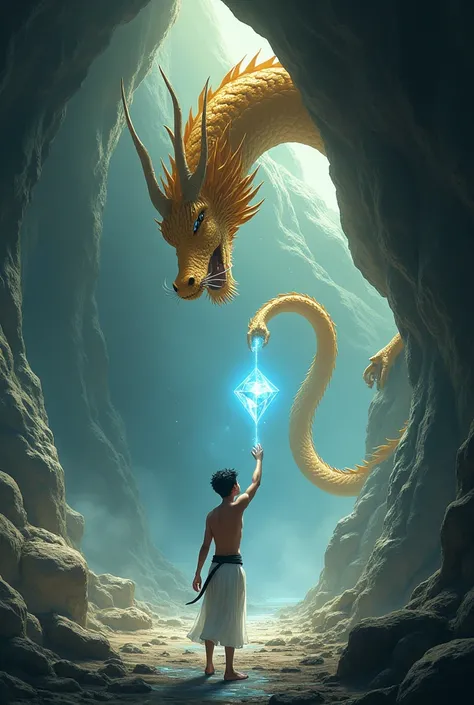 A black-haired young man in white clothed in a short black sarong cut off a sparkling clear diamond located at the end of a golden dragons tail inside a huge cave