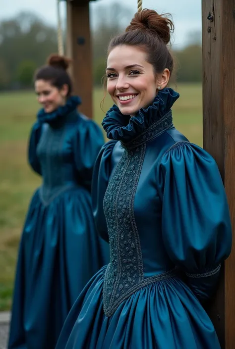 (realistic photograph close up sideways), (a pleased beautiful Caucasian lady with (messy hair bun), she is wearing (an extraordinaire shiny indigo gown with (long gigantic pouf sleeves), (and with a tight ultra high upright collar up to her cheeks) (with ...