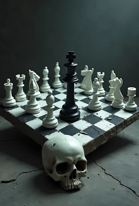 A chess board tilted at 125° with the black kings piece in the middle of the board and around it the white pieces surrounding it.
Next to the king there is a skull on the floor