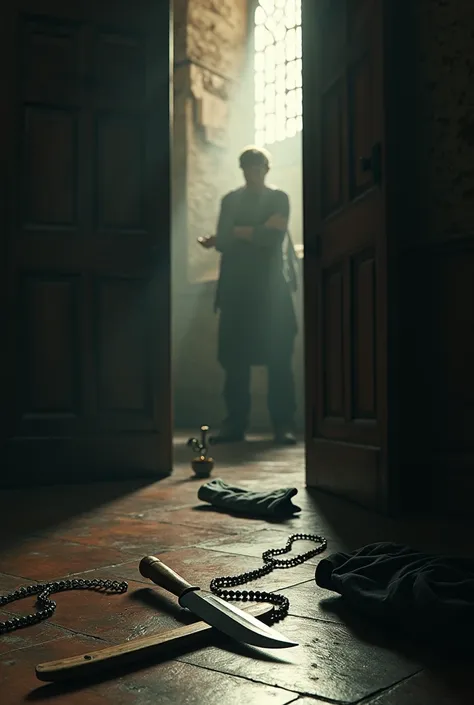 inside a cathedral confessional. lattice window. The floor in the foreground has one knife and one rosary. rosary beads coiled up. man feet standing in open doorway. tie on floor and shirt on floor
