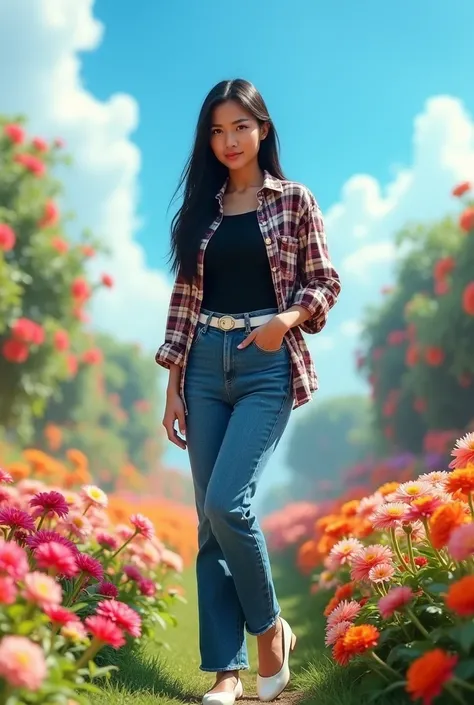 A woman 30 years old full body Indonesian face beautiful sweet dazzling long straight hair black shirt plaid shirt tucked into long jeans white belt elegant white shoes Nike blue black again standing in flower garden detail large sky bright blue 