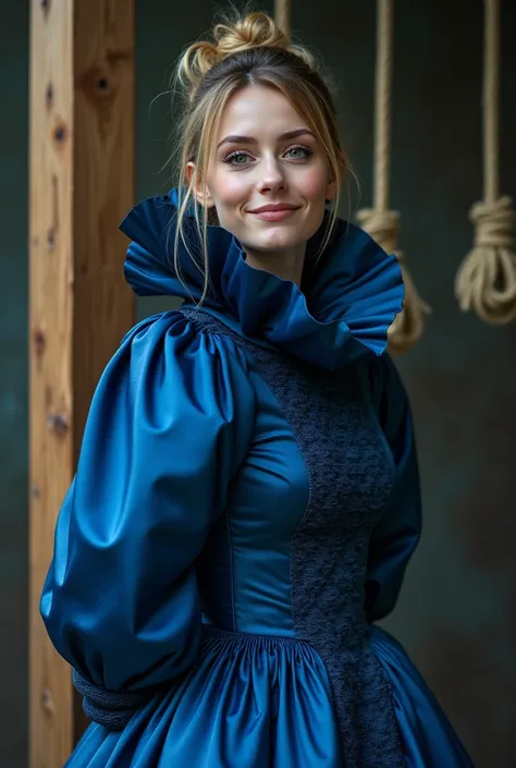 (realistic photograph close up sideways), (a pleased beautiful Caucasian lady with (messy hair bun), she is wearing (an extraordinaire shiny indigo gown with (long gigantic pouf sleeves), (and with a tight ultra high upright collar up to her cheeks) (with ...