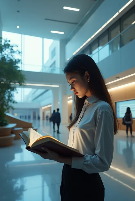  with a book in his hand in a futuristic school 
