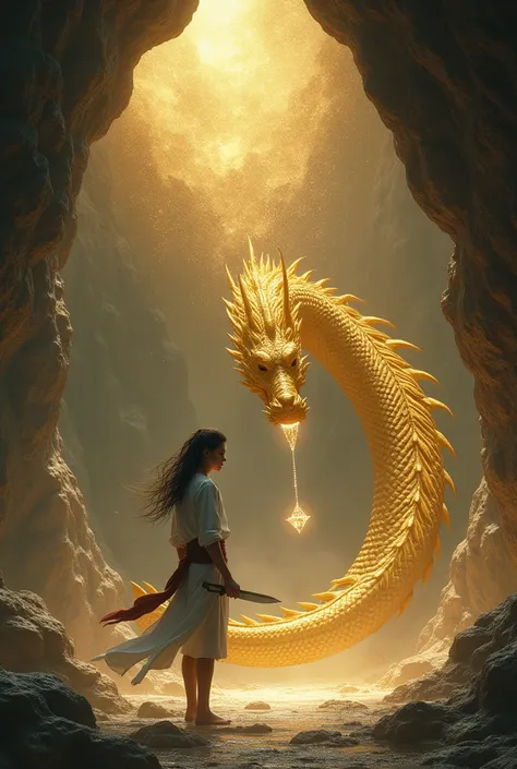 A black-haired young man in white clothed in a short black sarong carrying a knife cut off a sparkling clear diamond located at the tip of a golden dragons tail inside a huge cave