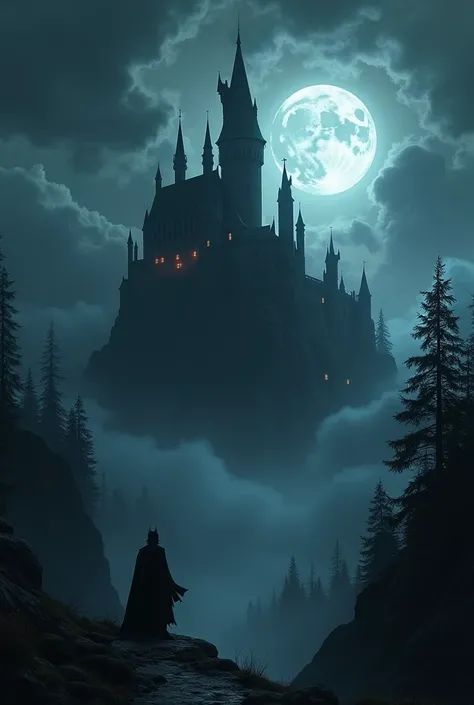  haunted castle at the top of the mountain with a full moon, In the sky amidst the clouds Draculas eyes watching in a dark way.