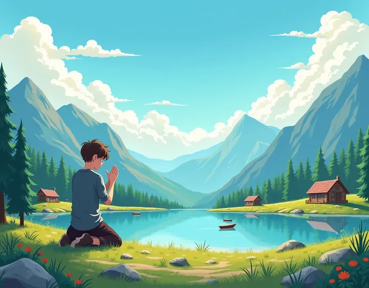 vector cartoon sky and mountains with background clouds in the sky on a warm day,  in the lake reflect the forest , some boats ,  ren praying to God and some cabins in the distance .