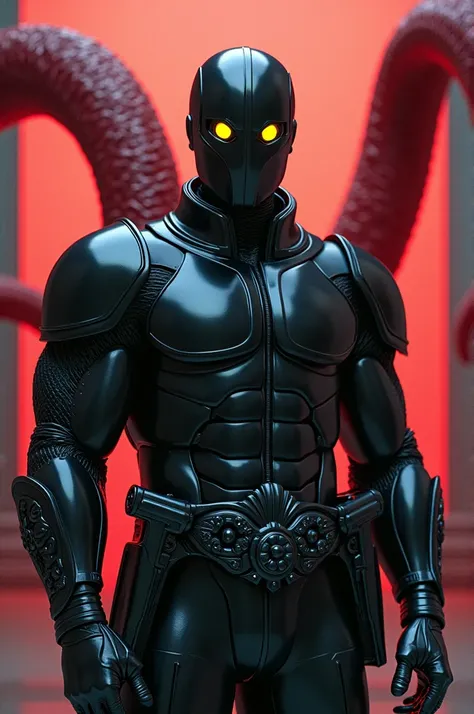 Retrofuturistic style , with retrowave filter , man,  strong build, imposing,  dressed in full body reflective black metallic armor ,  smooth black reflective metal mask without facial features ,  two yellow lights in the shape of a dot where the eyes shou...