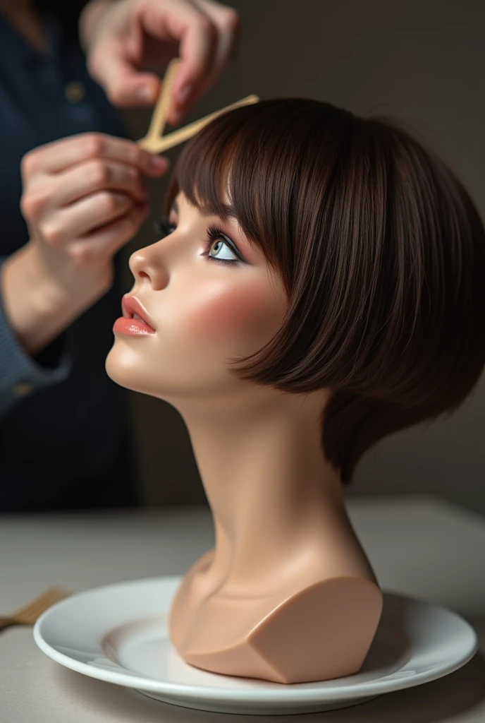 A decapitated female head on a plate, seen from behind. She has beautiful, straight, thick, smooth, silky, brunette, pixie hair, with bangs. No blood. The woman looks up, she tilts her head back. A hand combs her hair. 