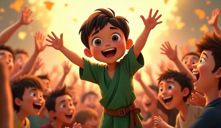 An animated and joyful scene featuring a young boy being lifted high into the air by a cheering crowd. The boy, with short dark hair and large, expressive eyes, is dressed in a simple green tunic tied with a belt and has a radiant, excited smile on his fac...