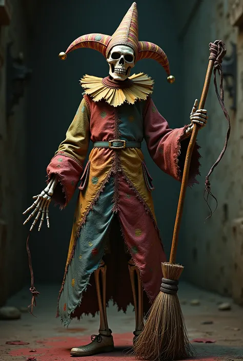  A skeleton dressed as a court fool holding a whip and a broom, whip in the background 