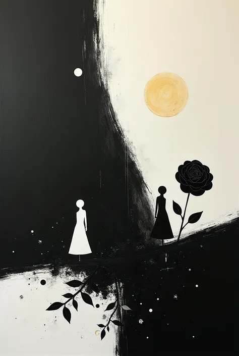 On the left side of me, the left side is black, the left side is painted white, a white yellow descends from the lower corner, and on the lower corner there is a white governess. On the left, on the white side, a black rose emerges from the lower corner, a...