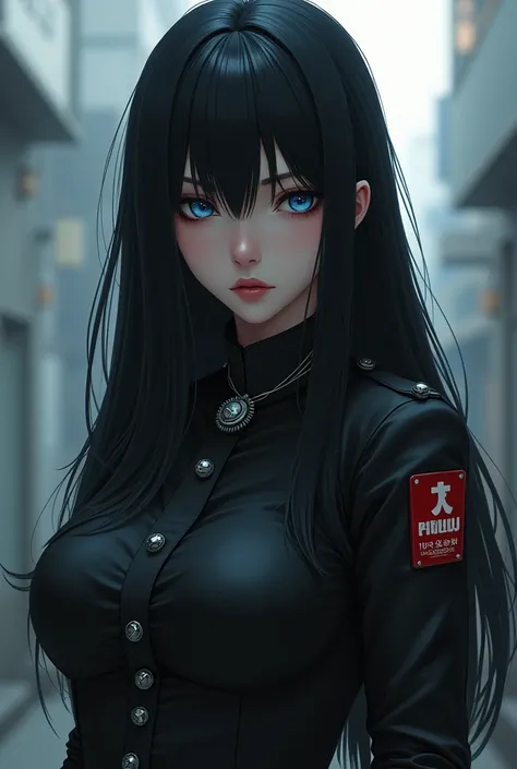 a 2D ,She has long black hair and fringe ,ominous blue eyes , thin waist , thick thighs wearing the uniform of the Tokyo Manji gang  