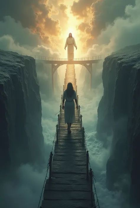 A realistic scene of a person walking across a narrow, fragile bridge over a deep chasm, surrounded by intense winds and stormy weather. The person appears anxious and uncertain. On the other side of the bridge, a realistic depiction of Jesus stands with o...