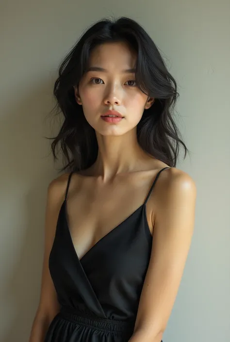 A skinny and striking middle aged Korean woman in her 40s, confident expression, lean and slender physique, minimalistic yet elegant dress, ultra-sharp, best quality, 4k, ultra-realistic, film grain