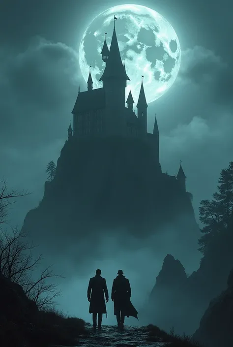  haunted castle high on the mountain with full moon and clouds, Draculas face hanging over the castle . Two male detectives walking towards the castle .