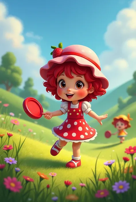 Strawberry shortcake playing disk golf 