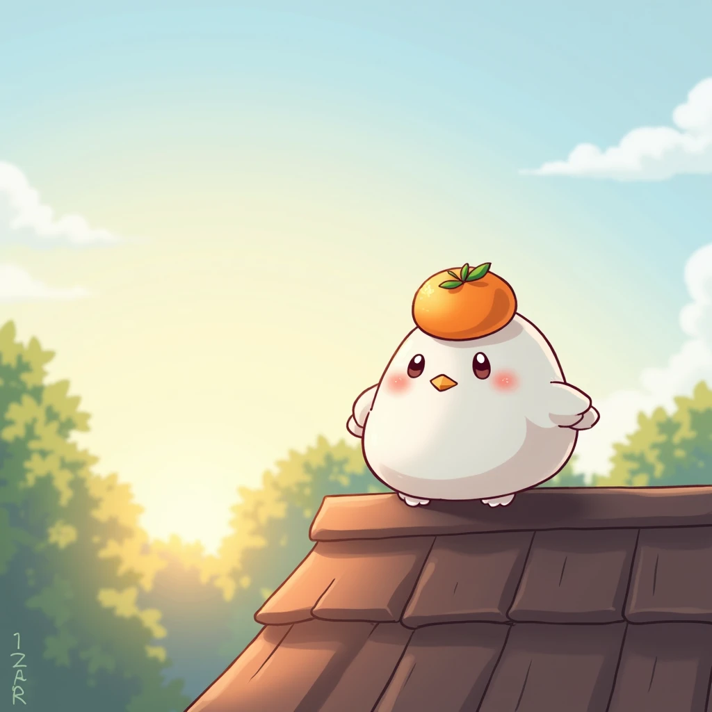 Masterpiece,Best quality, Anime style, pure white sparrow mascot, round body, fluffy body, simple face, cute appearance, on the roof of the house, Sitting, with an orange on his head, the morning sun is rising, the bright morning sun,