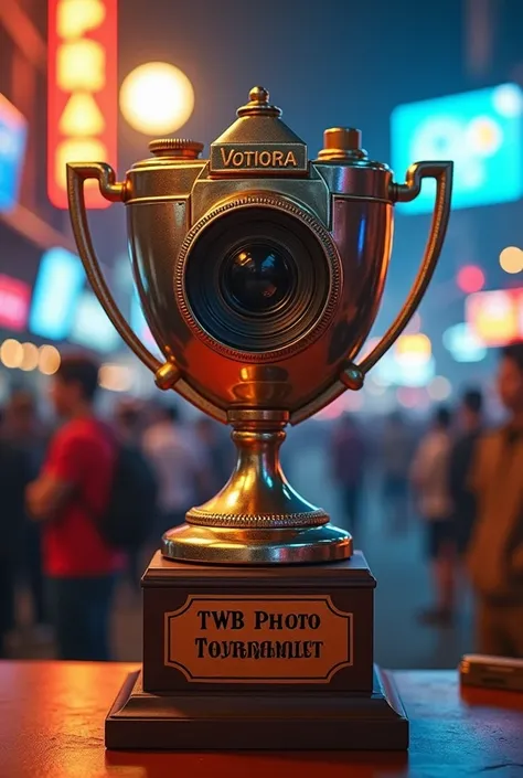 Camera-shaped trophy that says twb photo tournament