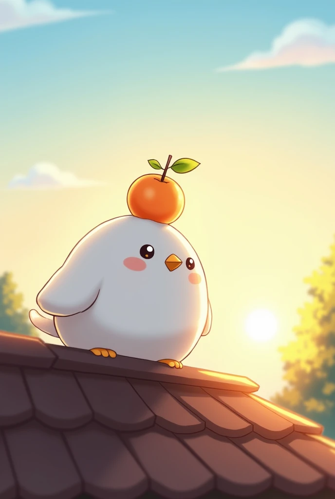 Masterpiece,Best quality, Anime style, pure white sparrow mascot, round body, fluffy body, simple face, cute appearance, on the roof of the house, Sitting, with an orange on his head, the morning sun is rising, the bright morning sun,