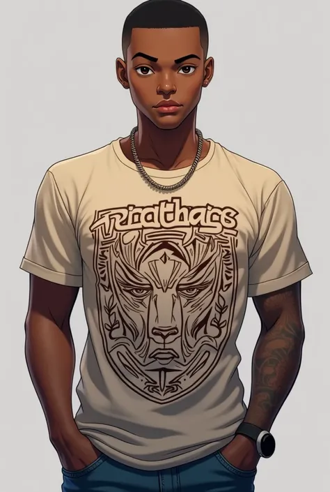  A black man, he is black skin, he has black hair, buzzcut hairstyle, he wears a designed t-shirt and a jeans pants, anime style, realistic shot 