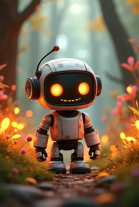  A charismatic animated character in a magical environment , full of colorful details and soft textures .  The character is a friendly robot with big and expressive eyes ,  surrounded by luminous plants in an enchanted forest .  The lighting is warm and em...